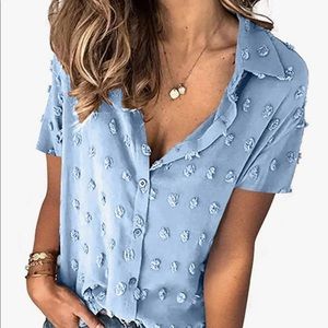 Sky Blue Pom Pom short sleeve blouse top Small